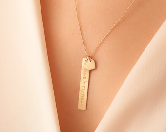 14K Gold Custom Name Vertical 3 cm Bar Pendant Necklace, Personalized Solid Gold Pendant & Heart Charm Great Gift For Her. Valentine's Gift