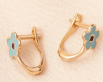 14K 18K Yellow Gold Blue Enamel Flower Back Baby Girls Earrings, Solid Gold Flower Earrings For Toddlers, Little Girl Flower Gold Earring