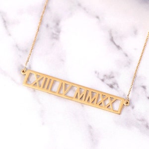 14k 18k Solid Gold Custom Roman Numeral Necklace, Personalized Wedding Keepsake Date Coordinates Necklace, Horizontal Necklace Gift for Her