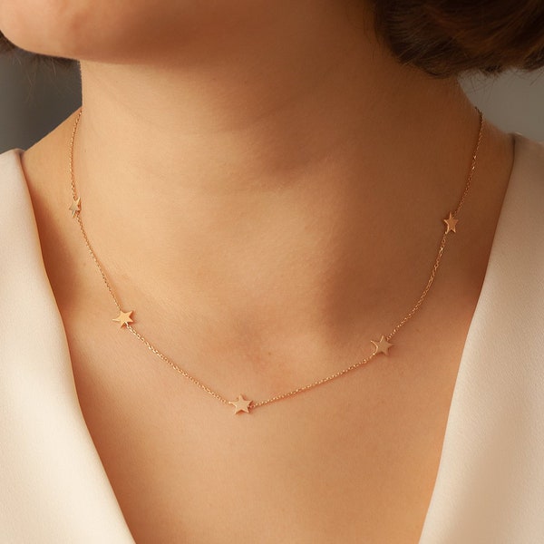 5 Star 14k 18k Solid Gold Necklace, Celestial Dainty Stars Necklace, Station gold star necklace in Yellow White or Rose Gold. Gift for Her.