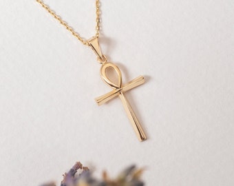 14K 18K Real Gold Ankh Cross Pendant Necklace, Egypt Hieroglyphs Pendant, Gold Cross Pendant is a Great Gift For Her. Christmas Gift
