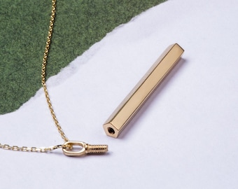 14k 18k Gold Custom Pentagon Cremation Urn Bar Bar Necklace, 5 Side Engraved Personalized Necklace, Pentagon Memorial Vertical Ashe Necklace