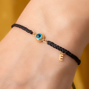 Pulsera de oro de 14 k con inicial personalizada y ojo malvado, pulsera de cuerda con dije de oro real con letra y ojo azul, pulsera delicada de oro real con inicial y ojo malvado