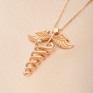 14K 18K Solid Gold Caduceus Necklace, Caduceus Symbol of Medicine Charm Real Gold Pendant Necklace, Nursing Caduceus Gold Necklace Gift For