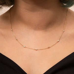 14K 18K Solid Gold Diamond By The Yard Station Necklace, 1 2 3 4 5 6 7 8 Bezel Choker Necklace, Diamond Wedding Solitaire Necklace for Her