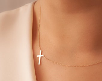 14k 18k Gold Sideways Cross Necklace, Solid Plain Gold Side Cross Necklace, Real Gold Sideways Vertical Cross necklace is a gift for Her.