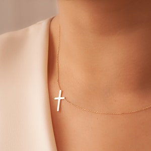 14k 18k Gold Sideways Cross Necklace, Solid Plain Gold Side Cross Necklace, Real Gold Sideways Vertical Cross necklace is a gift for Her.