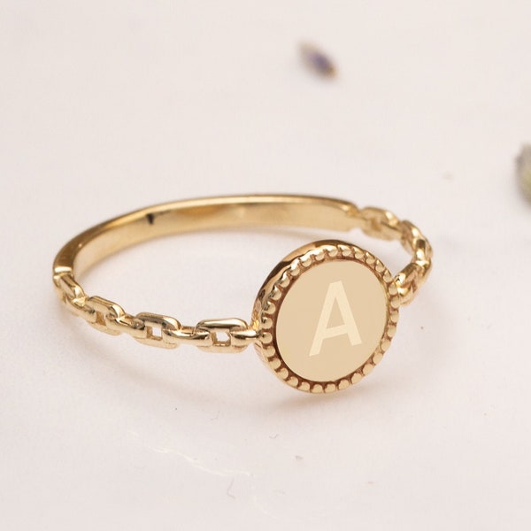 14k 18k Real Solid Custom Initial Disc Ring, Engrave Letter Sun Disk Ring, Personalize Custom Signet Ring, Petite Dainty Minimalist Ring