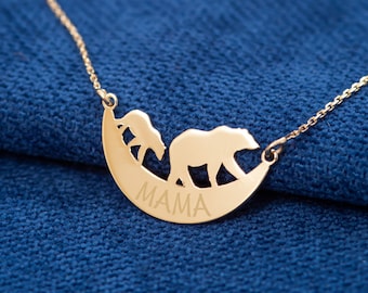 14k Solid Gold Personalized Mama Bear Necklace, Mama Bear and Cubs Necklace, Momma Bear Necklace, Engrave Kids Name Necklace gift for mom.