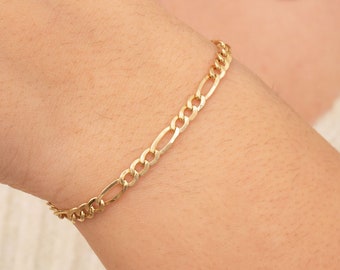 Pulsera de cadena Figaro de oro real de 14k, pulsera genuina de oro amarillo de 14 quilates, tobillera hueca, regalo de cadena Figaro para ella, regalo para él