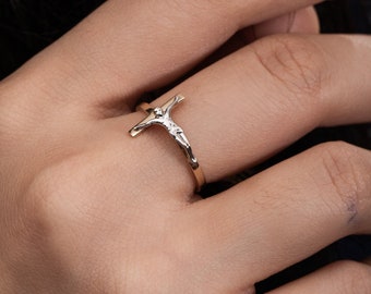14K 18K Solid Gold Classic Cross Crucifix Jesus Ring Name Date Engraved Sideways Crucifix Band Ring Jewelry Religious Ring Gift For Her/Him