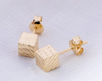 Cube Shape Earrings 14K Solid Gold, Dainty Square Stud Earrings, Real Gold Cube Stud Earrings, Geometric Style Earrings, Gift For Valentine