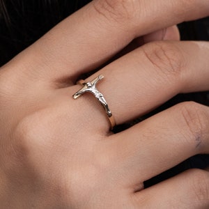 Classic Cross Crucifix Jesus Ring 10K 14K 18K Solid Gold  Name Date Engraved Sideways Crucifix Ring Jewelry Religious Ring Gift For Her/Him