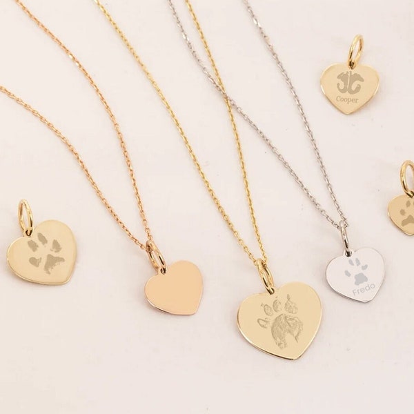 Actual Custom Paw Print Heart Necklace 14K 18K Solid Gold, Personalized Your Cat Paw Your Dog Paw Engraved Heart Pendant, Pet Loss Jewelry