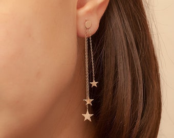 14K Solid Gold Dangle Drops Chain 3 Stars Earring. Dainty Gold Star Drop Dangle Earring is a Great Gift For Her. Gold Chain Earring