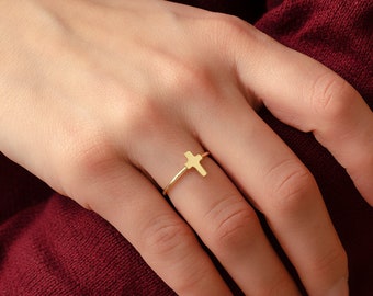 14K Solid Gold Tiny Cross Ring, 18K Solid Gold Dainty and Small Cross Ring, Communion Gift or Birthday Gift For Women