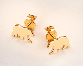 14K 18K Real Gold Dainty Bear Push-Back Earrings, Minimalist Tiny Screw-Back Bear Earring, Animal Lover Earring, Mama Bear, Mothers Day Gift