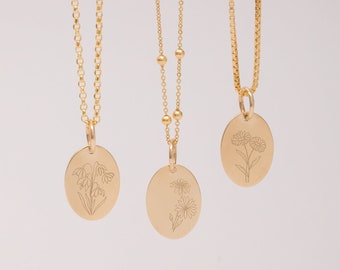 14K Gold Birth Flower Necklace - Custom Floral Engraved Charm, Choice of Chain: Rolo, Cable, Box, Satellite, Gift for Her