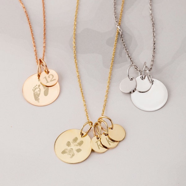 Personalized Disc Necklace w/ Tiny Initial Tags in 14K Solid Gold • Custom Kids Initials Engraved Disk Tag Pendant Necklace Gift for Mom Her