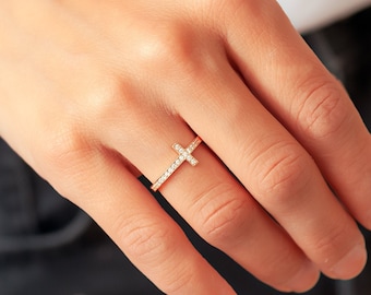 14K 18K Gold Cross Ring, Diamond Sideways Cross Ring is Gift For Mom, Optional CZ or Diamond Cross Ring For Communion Gift