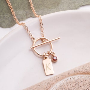 Collar con inicial y piedra natal de oro macizo de 14 quilates, collar con cierre de palanca y nombre de letra grabado a medida, dije de etiqueta con letra personalizada, regalo para ella