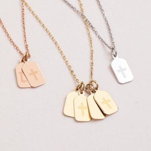 Personalized Tiny Bar Tag Cross Necklace 14k 18k SOLID Gold, Vertical Cross Bars Custom Engraved Minimalist Tag Pendant Gift For Her For Him