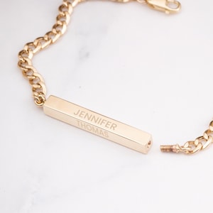 14K Real Gold Custom Cuban Chain Cremation Urn Bar Bracelet, Cuban Curb Link Chain Memorial 3D Bracelet, Custom Engrave Funeral Bracelet