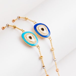 14K Solid Gold Protection Evil Eye Bransoletka, Delikatna emaliowana bransoletka Evil Eye z cyrkoniami sześciennymi i trójkolorowym łańcuszkiem koralikowym, Biżuteria na szczęście