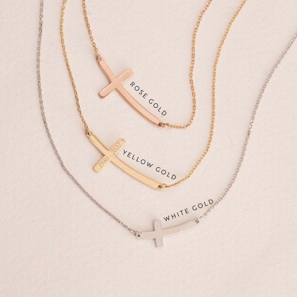 14K 18K Gold Curved Sideways Cross Necklace, Dainty Plain Gold Cross Choker Necklace, Off Center Tiny Cross Necklace For Women Gift for Her