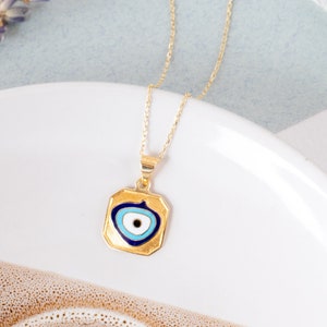 14k Solid Gold Square Evil Eye Necklace, Dainty Square Shape Evil Eye Pendant, Spiritual Protection Jewelry, Handmade Minimalist Eye Pendant