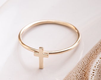 14K Solid Gold Tiny Cross Ring, 18K Solid Gold Dainty and Cute Cross Ring, Bridesmaid Gift or Communion Gift