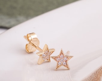 14K 18K Solid Gold Dainty Diamond or Cz Star Stud Earrings, Tiny 6.5mm Star Simple Stud Earring, Celestial Mini Earring Post For Him For Her