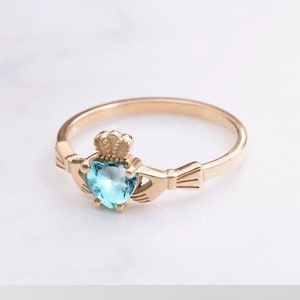 14k 18k Real Solid Gold Birthstone Claddagh Ring, Dainty Heart Custom Birthstone Claddagh Ring, Irish Celtic Claddagh Promise Ring for her