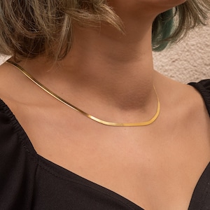 Flat Herringbone 14K Solid Gold Necklace, Flat Snake Chain Yellow Gold Necklace, High Quality Polished Herringbone Chain Necklace Gift Her