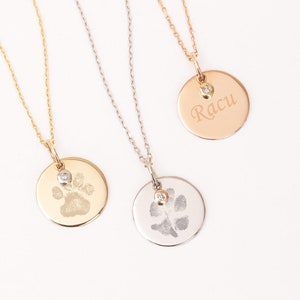 Actual Custom Paw Print Diamond Disc Necklace 14K Solid Gold, Personalized Your Cat Paw Your Dog Paw Engraved Coin Necklace, Puppy Necklace