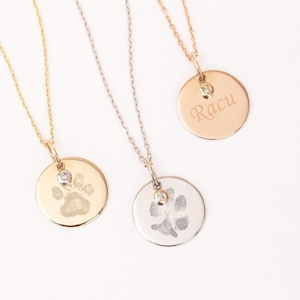 Actual Custom Paw Print Diamond Disc Necklace 14K Solid Gold, Personalized Your Cat Paw Your Dog Paw Engraved Coin Necklace, Puppy Necklace