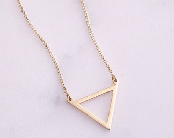 14K Solid Gold Triangle Necklace, Dainty Cutout Triangle Necklace, Minimalist Layered Cute Karma Geometric Tiny Charm Necklace Gift for Her