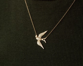 14k 18k Solid Gold Swallow Necklace, Dainty Gold Sparrow Bird Necklace, Sparrow Bird Gold Charm Pendant Necklace is a Great Gift For Her