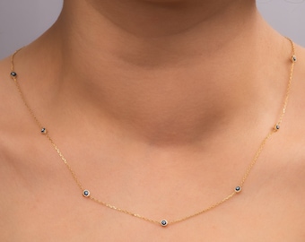 14k Gold Eye Station Necklace, Dainty Enamel Eye Station Real Gold Necklace, Enamel Turkish Evil Eye Protection Bracelet Gift For Mom