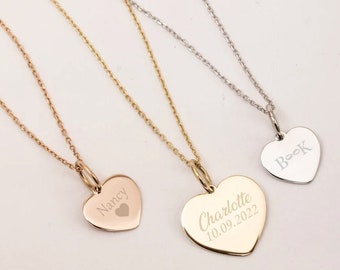 14K 18K Solid Gold Custom Engraved Heart Necklace, Personalized Dainty Pendant, 2 Side Personalized Date Name Heart Pendant Gift for Her/Him