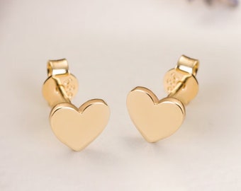 14K 18K Real Gold Heart Tiny Stud Earrings, Dainty Heart Earrings, Heart Simple Posts Earring, Screw-Back or Push-Back Closure, Love Earring