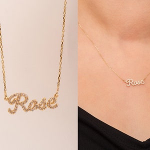 14K Solid Gold Diamond or Cz Custom Script Name Necklace, Letter Word Necklace, Personalized Pave Diamond or Cz Initials Name Gift For Her