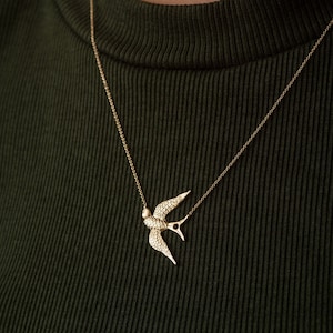 14k 18k Solid Gold Swallow Necklace, Dainty Gold Sparrow Bird Necklace, Sparrow Bird Gold Charm Pendant Necklace is a Great Gift For Her