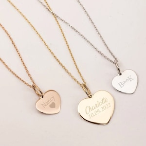 Collar de corazón grabado personalizado en oro macizo de 14 quilates y 18 quilates, colgante delicado personalizado, colgante de corazón con nombre y fecha personalizado en 2 lados, regalo para ella/él