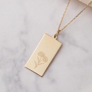 14k 18k Solid Gold Custom Birth Month Flower Rectangle Tag Necklace, Personalized Dainty Birth Flower Necklace, Floral Bar Necklace Gift For