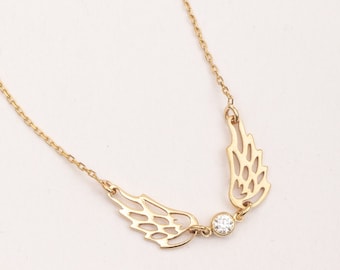 Collar de alas de ángel en oro macizo de 14 quilates y 18 quilates, conmemorativo personalizado de alas de ángel con doble piedra de nacimiento, regalo para ella, regalo sentimental de ángel de la guarda.