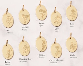 14K Solid Gold Personalized Birth Flower Pendant Necklace, Combined Birth Month Floral Pendant, Custom Engrave Family Necklace for Mom Nana
