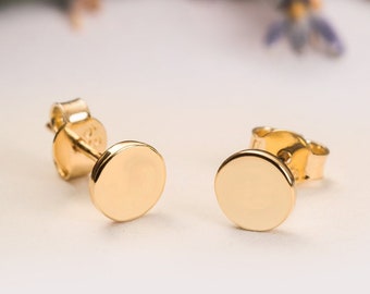 Pendientes de círculo delicado de oro macizo de 14K 18K, pendiente de perno de punto pequeño de oro minimalista, poste de mini pendientes redondos geométricos, regalo del Día de la Madre