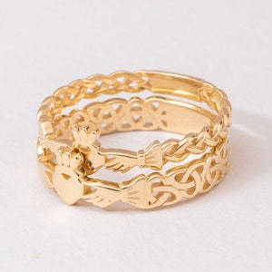 Gold Celtic Knot Claddagh Ring 10k 14k 18k Gold, Irish Heart Celtic Claddagh Ring, Traditional Irish Celtic Crown Claddagh Rope Ring for Her