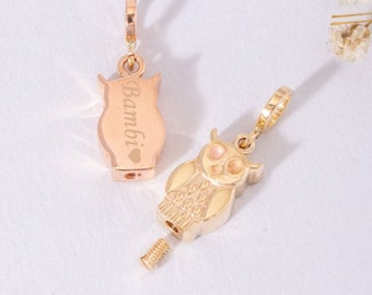 Night Owl Urn Pendant 14k 18k Solid Gold, Owl Bird Cremation Necklace,Custom Engrave Owl Urn Pendant,Human Pet Remains Holder, Gift For Loss